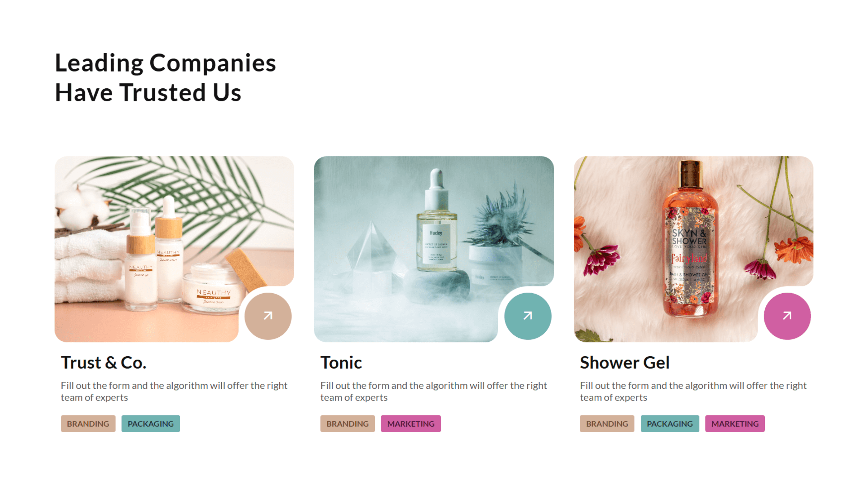 three product cards with inverted border radius