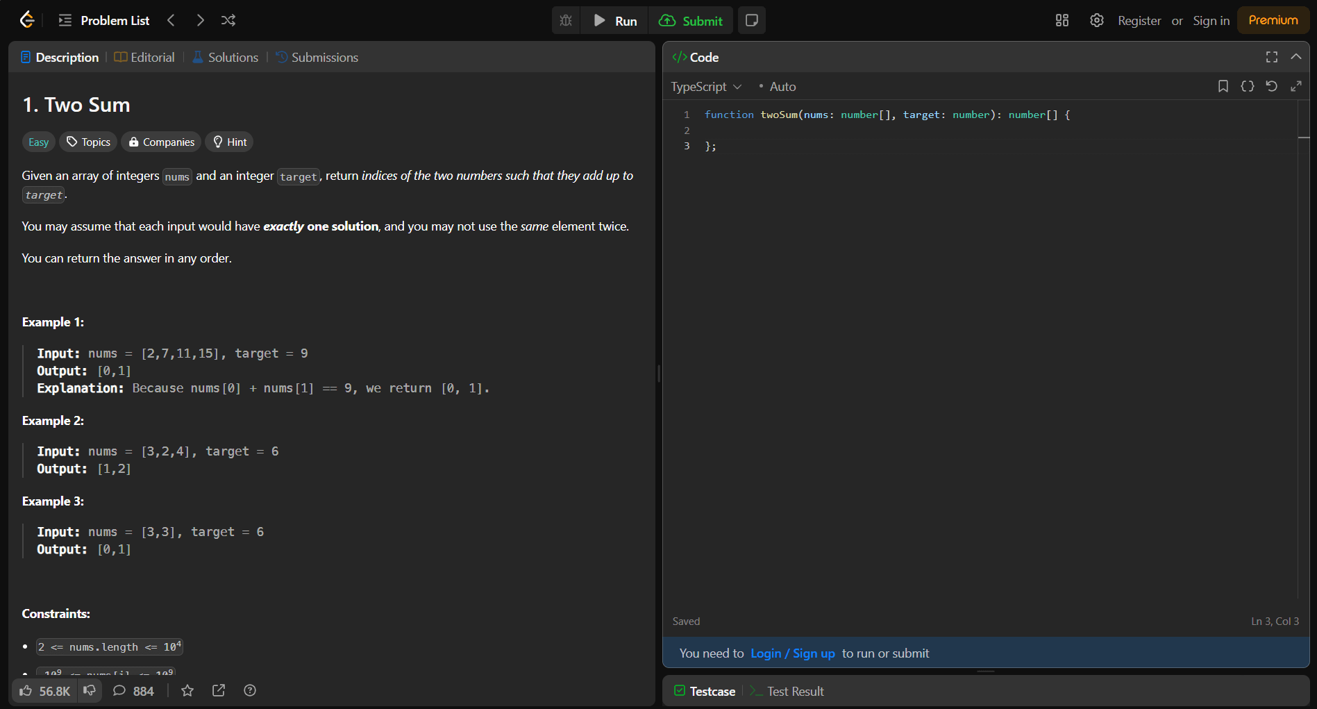 Screenshot from the "two sum challenge" in leetCode