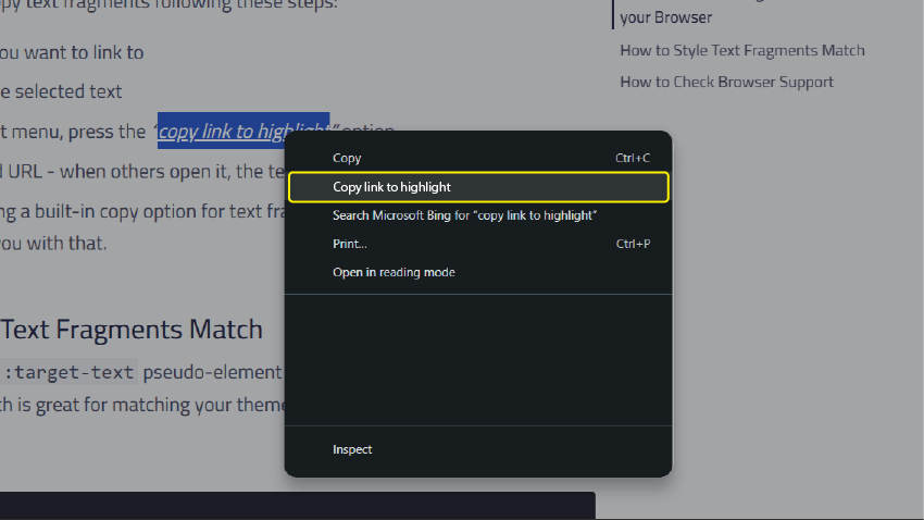 using "copy link to highlight" option in chrome